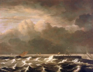 Mar tempestuoso rompiendo sobre el muelle, mostrando pequeñas barcas de pesca atrapadas en la tormenta. Óleo sobre lienzo de Jacob Isaakszoon van Ruisdael (Ruysdael) (1628-1682).