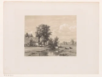 Paisaje con granja y vaca en el agua.