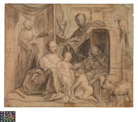 Alemán: The Holy Family with Elisabeth and St John the Baptist (back: door, doorway and Hermes)
Holandés: De Heilige Familie met Elisabeth en de kleine Johannes (keerzijde: Deur, deuropening en Hermes)