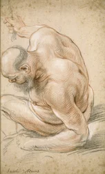 Viejo desnudo sentado, apoyado en su antebrazo, mirando a la izquierda, c.1640