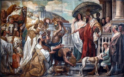 Los enviados del califa Harún al-Rashid ofrecen un reloj a Carlomagno, 1660
