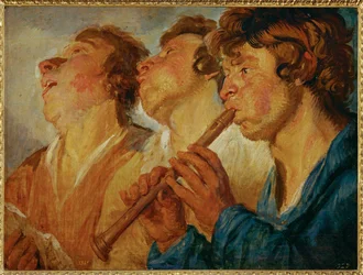 Tres músicos errantes, dos cantando, un tercero tocando ... (pintura sobre madera)