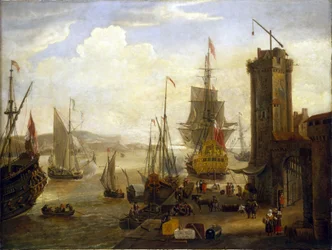 Escena de actividades en los muelles de un puerto británico, barcos ingleses y holandeses cargando mercancías de almacenes y tiendas, en los muelles, y la entrada de varios barcos en el puerto.
