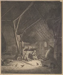 Interior de un granero con madre y dos niños, al frente un cerdo copia, siglo XVII