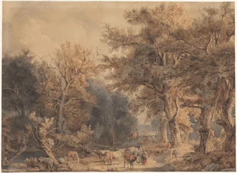 Paisaje forestal con figuras y ganado
