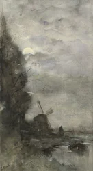 Paisaje con molino a la luz de la luna