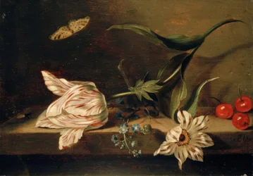 Naturaleza muerta con flores sobre una mesa