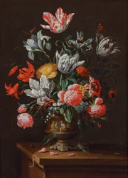 Tulipanes y otras flores en un jarrón barroco de gres pintado sobre una cornisa de madera, c.1630-60 (óleo sobre lienzo)