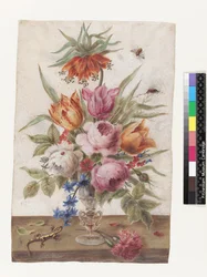 Copa de vidrio veneciano con flores, un lagarto y insectos, 1634