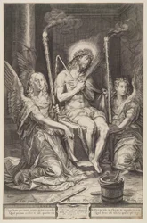 Cristo sobre la piedra fría con dos ángeles
