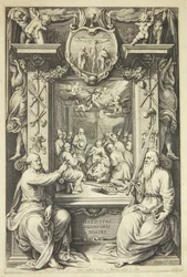Adoración de los pastores con Pedro y Pablo en un marco alegórico