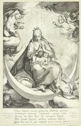 Virgen María con el Niño Jesús en la media luna, rodeada de ángeles