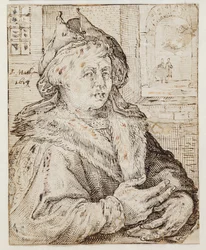 Retrato de un hombre con gorra y capa con borde de piel, mirando hacia la derecha. A la derecha, a través de una ventana, vista de otras habitaciones