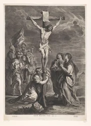 Cristo en la cruz Ecce mater tua (título sobre objeto)