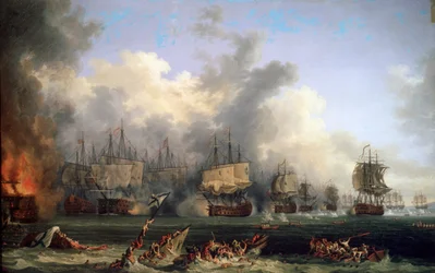 El hundimiento del acorazado ruso St. Evstafius en la batalla naval de Chesma, 1771