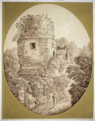 Torre con hombre caminando