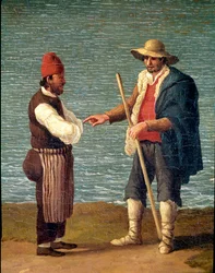 Un pastor y un mercader en el puerto de Monopoli, Apulia, Italia (pastor y mercader en Monopoli). Jacob Philipp Hackert, llamado Hackert d