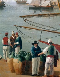Pescadores y vendedor de aceite de oliva en Nápoles, Italia (Pescadores y comerciantes de aceite de oliva en el puerto de Nápoles). Nápoles, Museo Nazionale di San Martino