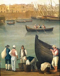 Pescadores de mejillones de Monopoli, Apulia, Italia (pescadores de mejillones en Monopoli). Jacob Philipp Hackert, llamado Hackert d