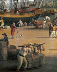 Vista del puerto de Mesina, trabajadores