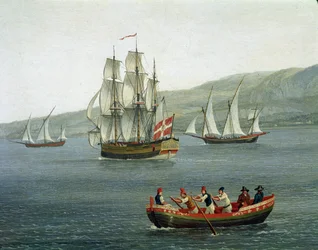 Vista de barcos en el estrecho de Mesina, Reggio Calabria, Italia (barcos en el estrecho de Mesina entre Reggio Calabria y Sicilia), detalle. Jacob Philipp Hackert, llamado Hackert d