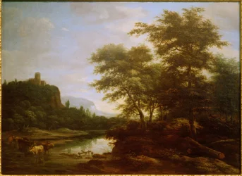 Paisaje con rebaño de vacas en el estanque
