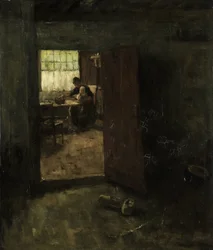 Interior doméstico con mujer y niño del campo