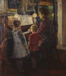 mujer y niños por el piano