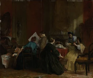 Compañía de damas viendo fotografías estereoscópicas, antes de 1868