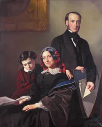 La Sra. A J Schmidt-Keiser, viuda del pintor Willem Hendrik Schmidt (1809-49), maestro de Jacob Spoel, con su hermano J N Keiser y su hijo de diez años.