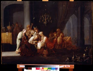 La Circuncisión. Pintura de Jacob Willemsz de Wet, el viejo (ca. 1630 - después de 1675). Óleo sobre madera, 91 x 64 cm. Arte holandés, estilo barroco. Museo del Lejano Oriente, Khabarovsk.