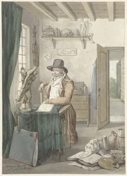 Retrato del artista Jacob Smies en un estudio con objetos de arte