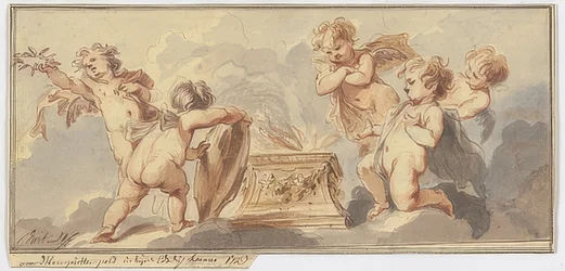 Cinco amorcillos sacrificando en un altar. 1723