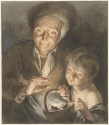 Anciana con niño y prueba de fuego