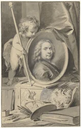 Autorretrato en medallón rodeado de atributos de pintor