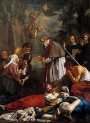 San Macario de Gante rescatando a los pestiños San Macario es un monje armenio del siglo XI. Pintura de Jacob II van Oost (1637-1713) 1673 Sol. 3,5x2,57 m