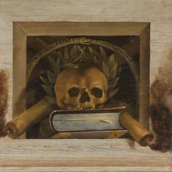 Bodegón Vanitas con Scull con corona de laurel, libro y dos velas encendidas