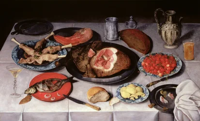 Bodegón de desayuno con un pescado, jamón y cerezas, 1614