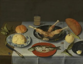 Desayuno con pan, queso, pescado y cerveza, hacia 1615
