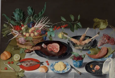 Bodegón con carne, pescado, verduras y frutas