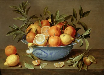 Bodegón con naranjas y limones en una fuente de porcelana Wan-Li