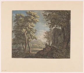 Paisaje arcádico con un edificio antiguo y dos hombres