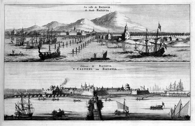 Vistas de la ciudad, puerto y castillo de Batavia - en "Embajada de la Compañía Oriental de las Provincias Unidas hacia el Emperador de China o Gran Cam de Tartaria" por Pierre de Goyer y Jacob de Keyser, Leiden