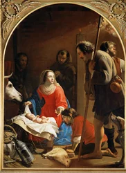 Adoración de los pastores, al fondo San Francisco de Asís (pintura sobre lienzo)