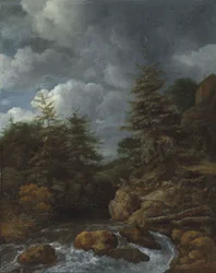 Paisaje fluvial con abetos junto a una cascada