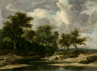 Paisaje fluvial arbolado con un viajero y un perro