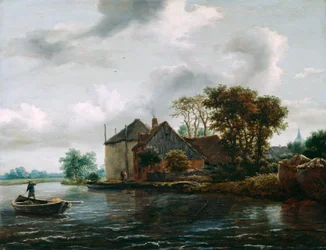 Granja y almiar en un río