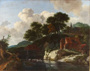 Paisaje montañoso con un molino de agua