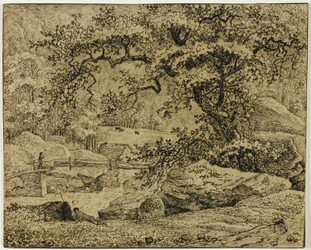 Paisaje con figura descansando bajo un árbol junto al arroyo