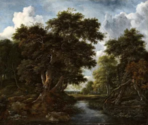 Paisaje boscoso con cazadores y un río
